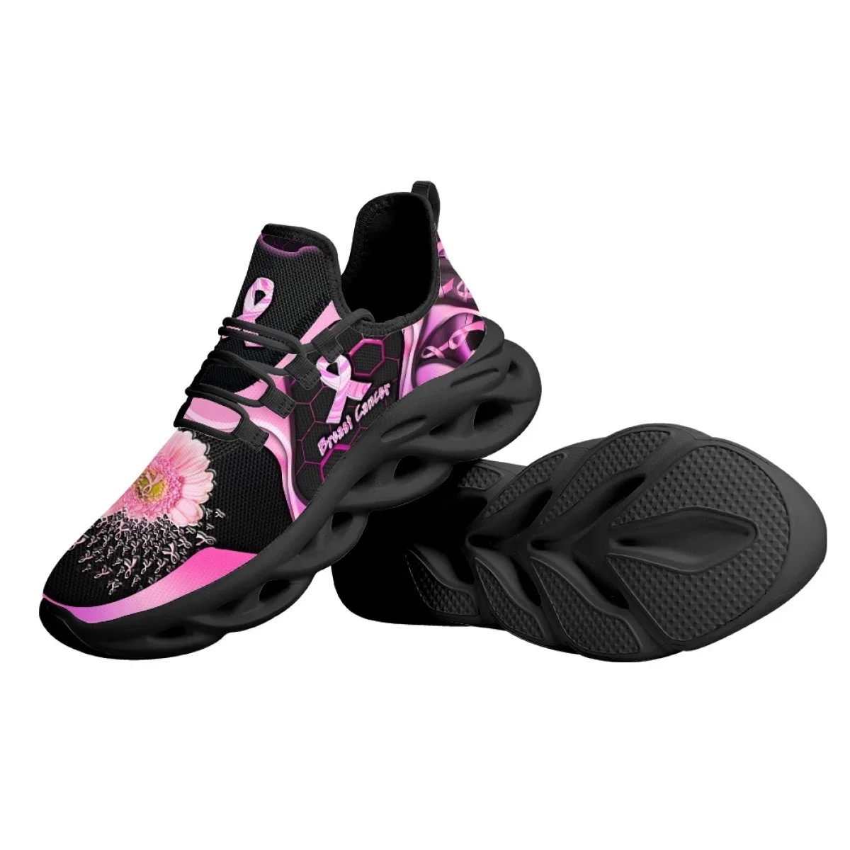 Breast Cancer Awareness Pink Flower Ribbon Pattern Printed Women Tennis Shoes Lightweight Lace Up Non-slip Sneakers Fashion 2023