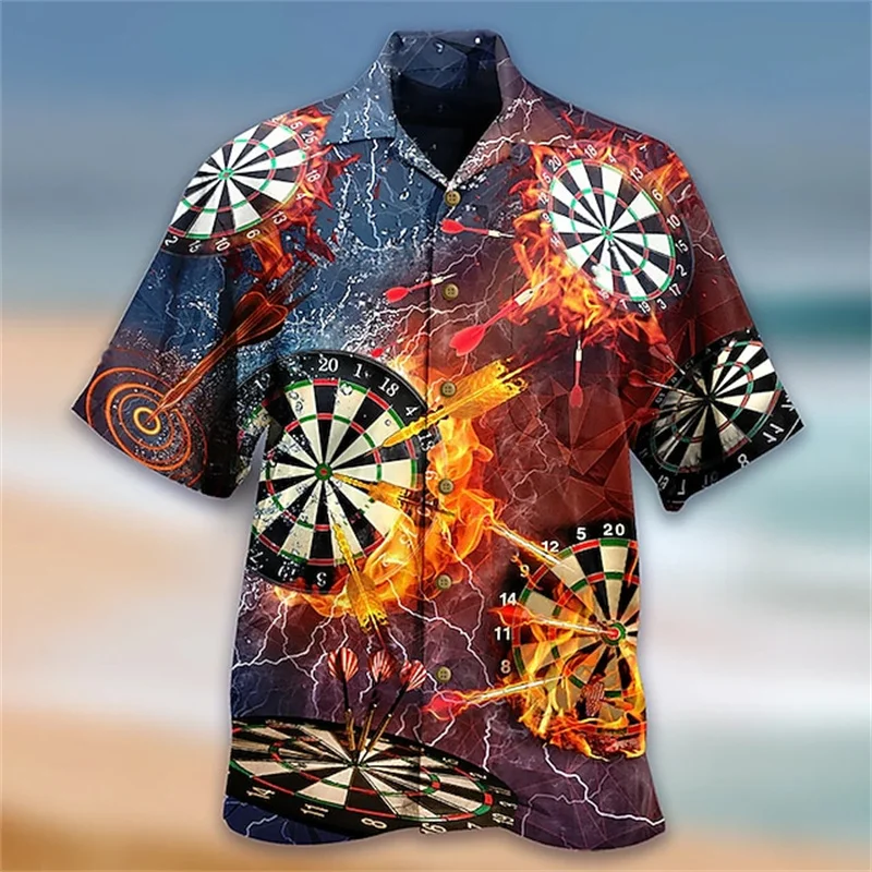 Men\'s darts printed short sleeved shirts Summer casual lapel shirt Hawaii beach vacation shirt Men\'s exquisite printed shirts