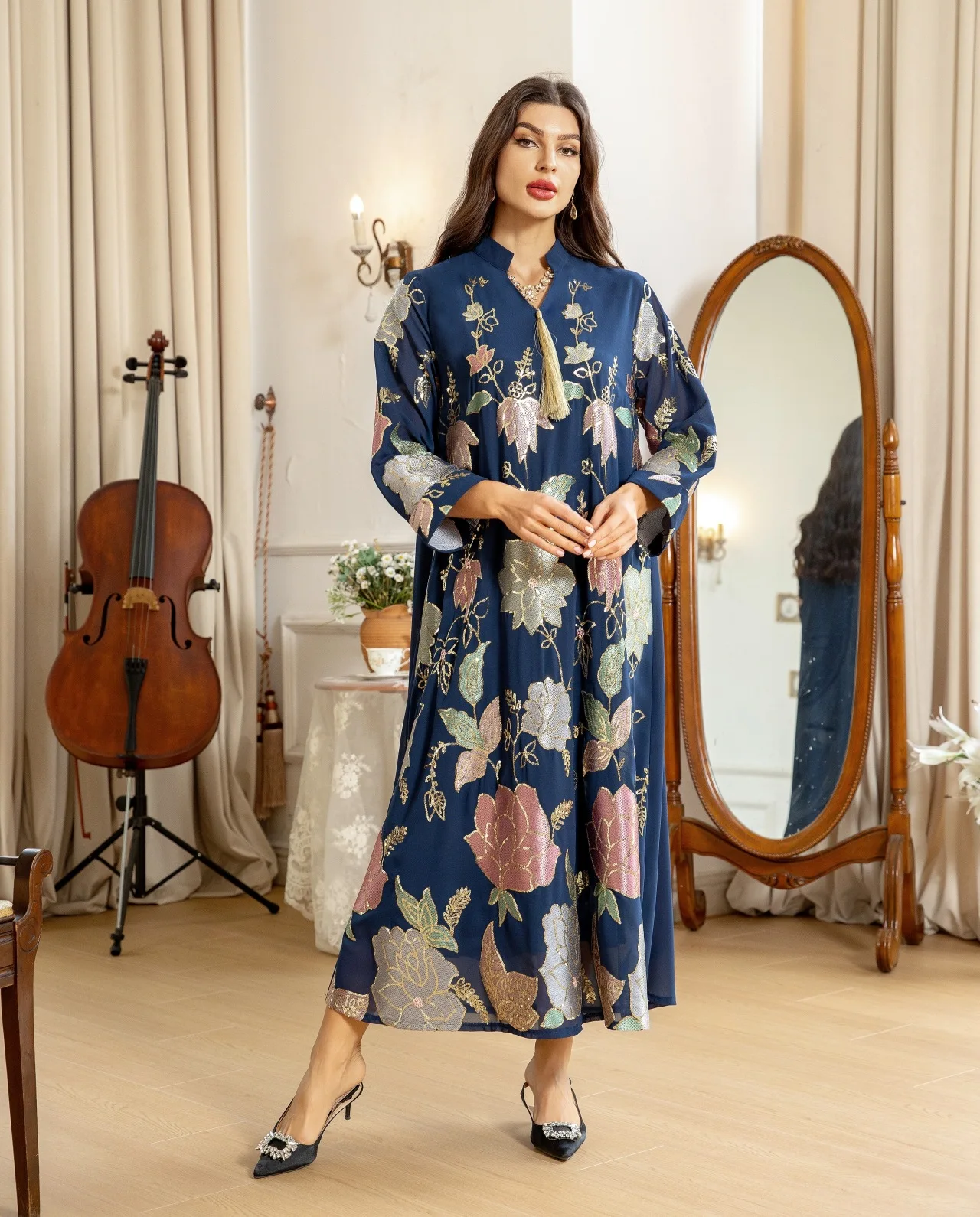 Muslim Fashion Floral Embroidery Sequins Casual Abaya Long Sleeve Notched V-Neck Tassel Dress Moroccan Dubai Women Robe