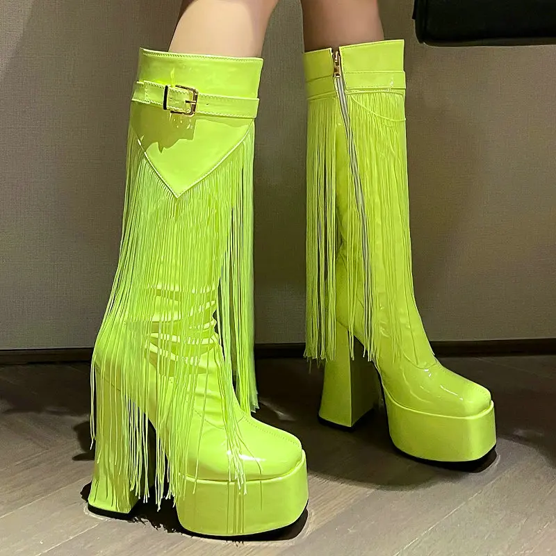 Bright Neon Yellow Color Patent Leather Charm Women Winter Shoes Platform Block High Heels Knee-high Boots With Fringes Tassel