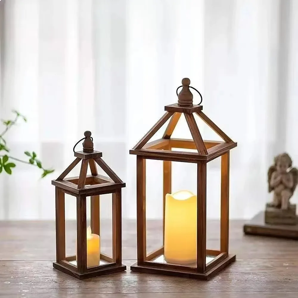 Retro Wooden Lantern Candle Holder Rustic Wood Frame Candlestick Wedding Party Living Room Patio Tabletop Home Decoration