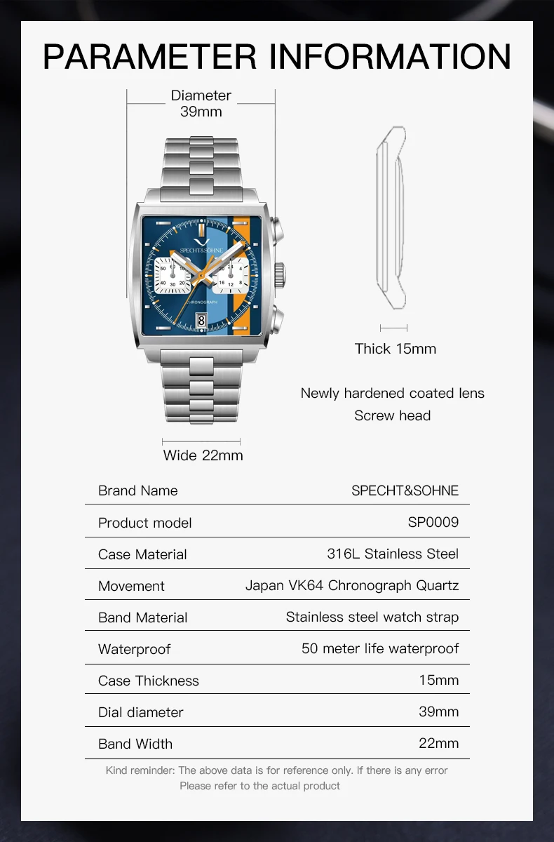 Specht & Sohne New Classic Men's Quartz Watch Blue Color Stainless Steel Japan VK63 Movt Genuine Leather Montre Homme 39MM