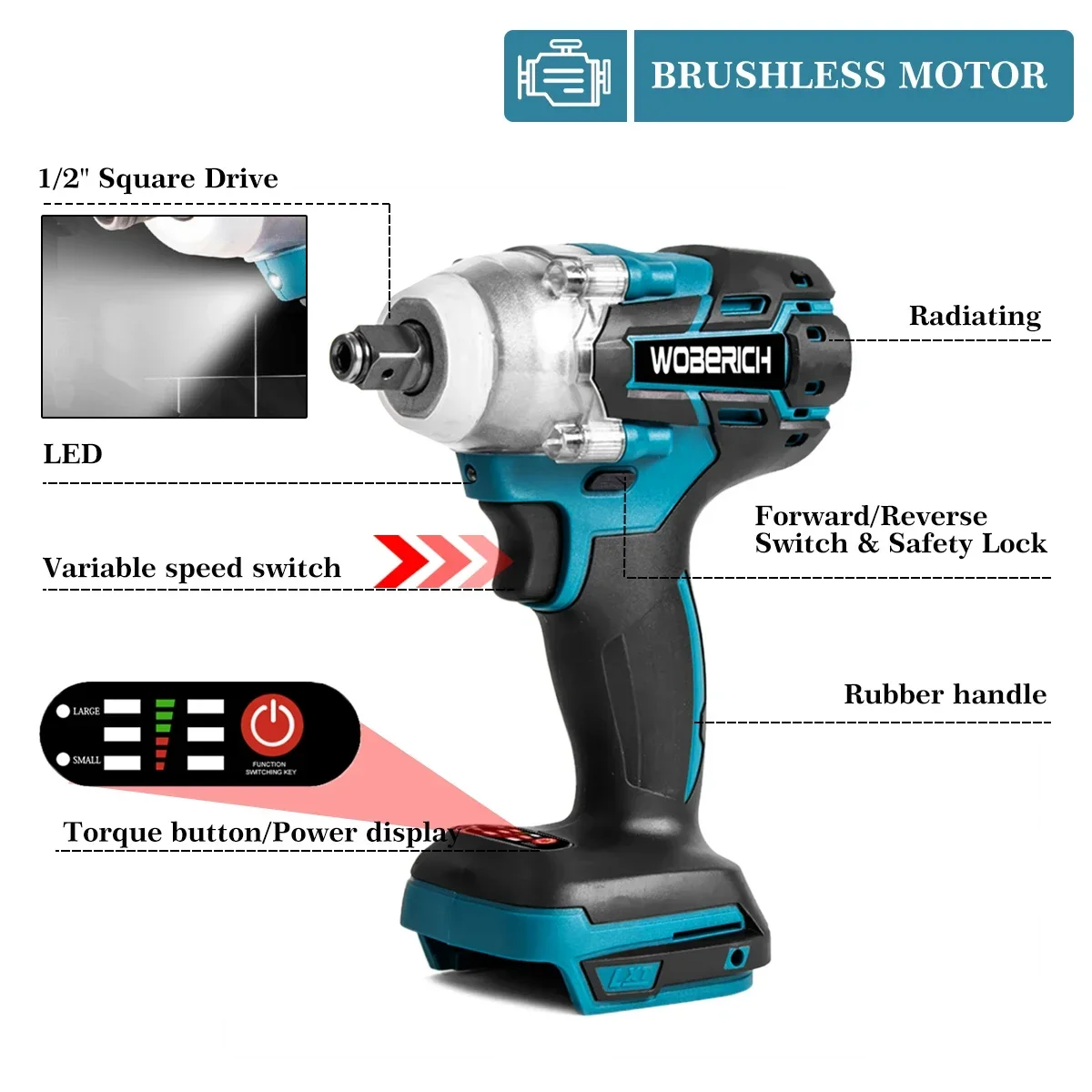 WOBERICH-Chave de Impacto Elétrica Sem Fio Recarregável, Ferramentas Elétricas, Sem Escova, 1/2 ", Compatível para Makita, Bateria 18V