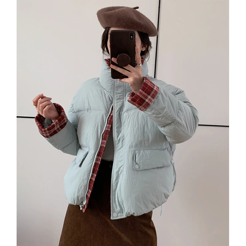 

MEXZT Winter Short Parkas Women Plaid Patchwork Black Down Coats Korean Pink Puffer Jacket Fashion Cotton Padded Outerwears New