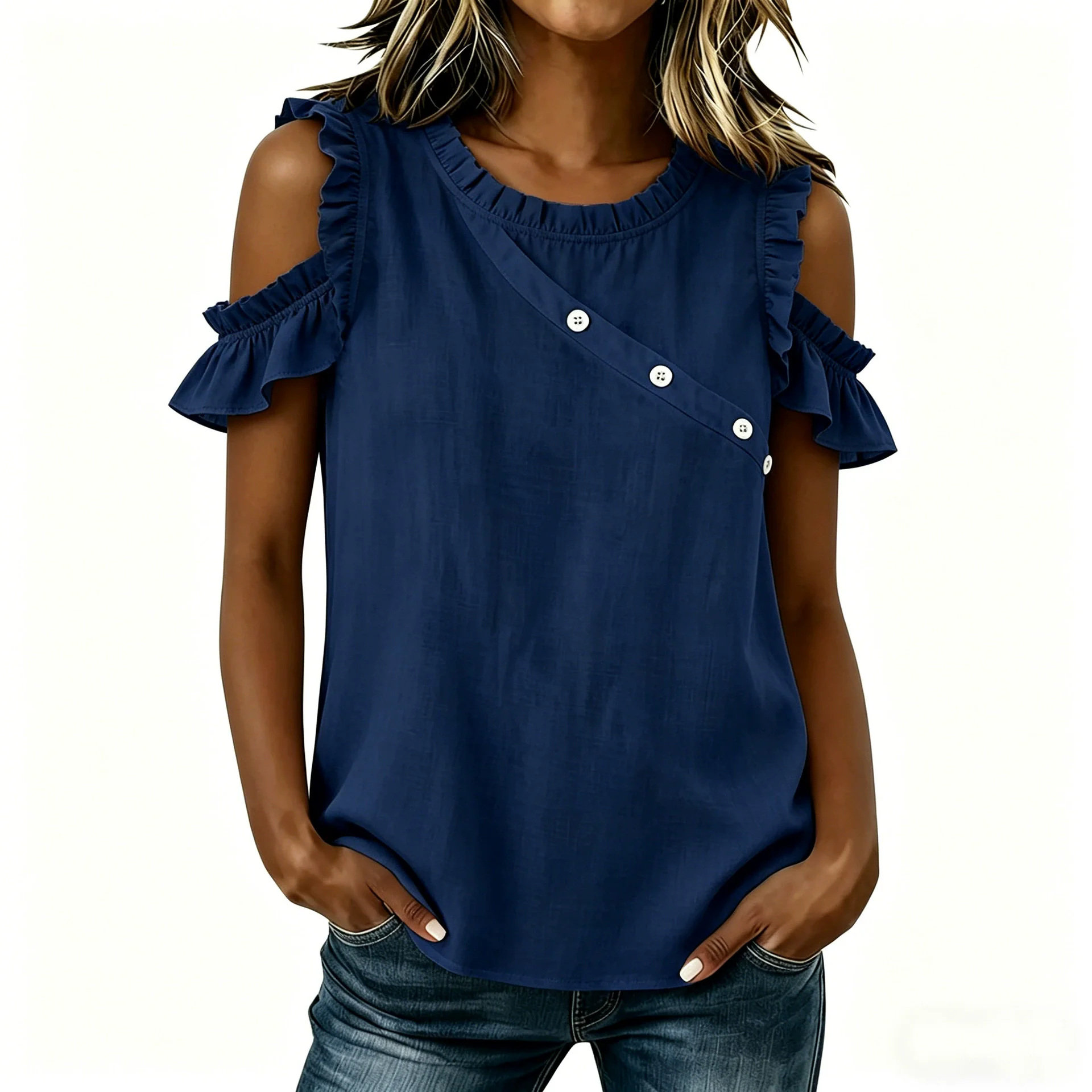 

2026 New Summer Blouses Women's Ruffles Patchwork Off Shoulder Tops Fashionable Casual Solid Short Sleeve Button Ladies Shirts