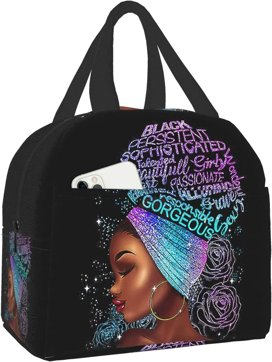 Black Queen African American Girl Lunch Bag Tote Meal Bag Reusable Insulated Portable Afro Black Girl Lunch Box Handbags