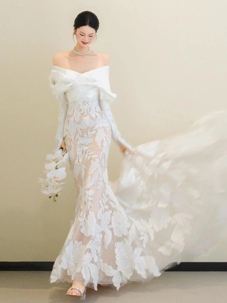 Vestidos de novia de lujo de manga larga con hombros descubiertos, vestido de sirena con forro desnudo para sesión de fotos, vestido de novia elegante de encaje con apliques