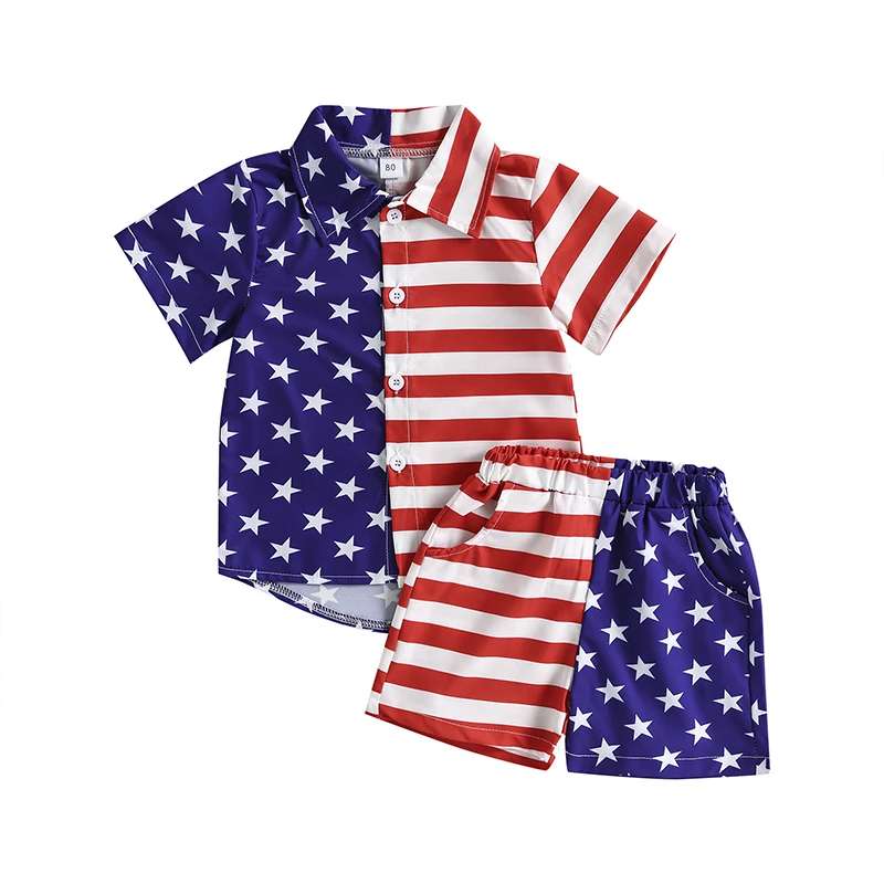 

Toddler Baby Boy 4th of July Outfit American Flag Short Sleeve Button Up Shirt Elastic Waist Shorts Set 2Pcs Clothes