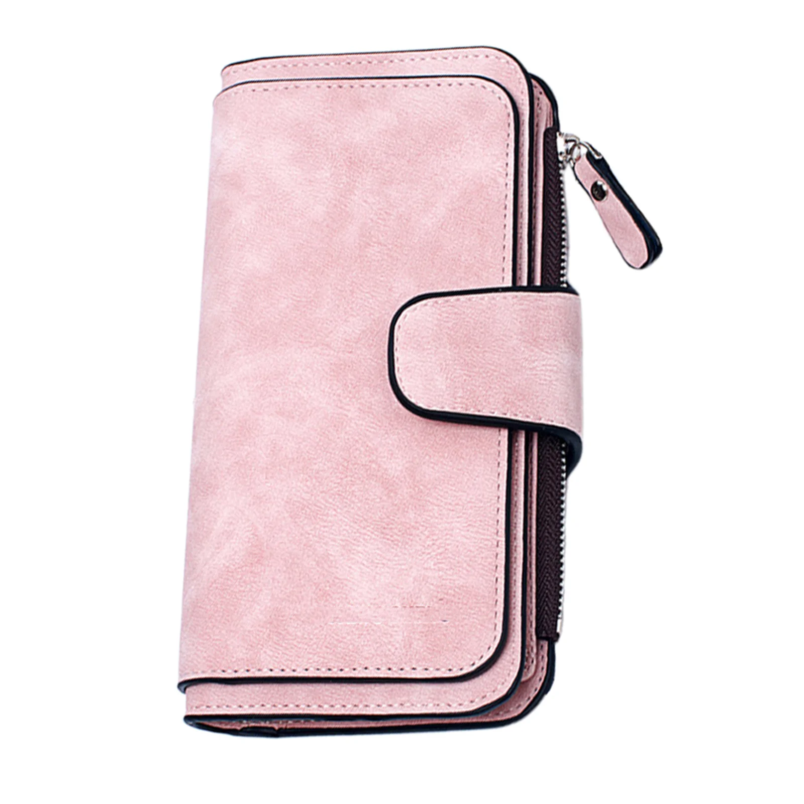 Portafoglio con chiusura a scatto per donna Portafoglio lungo in PU satinato con cinturino da polso Borsa con cerniera Pochette multitasche Uso quotidiano Rosa