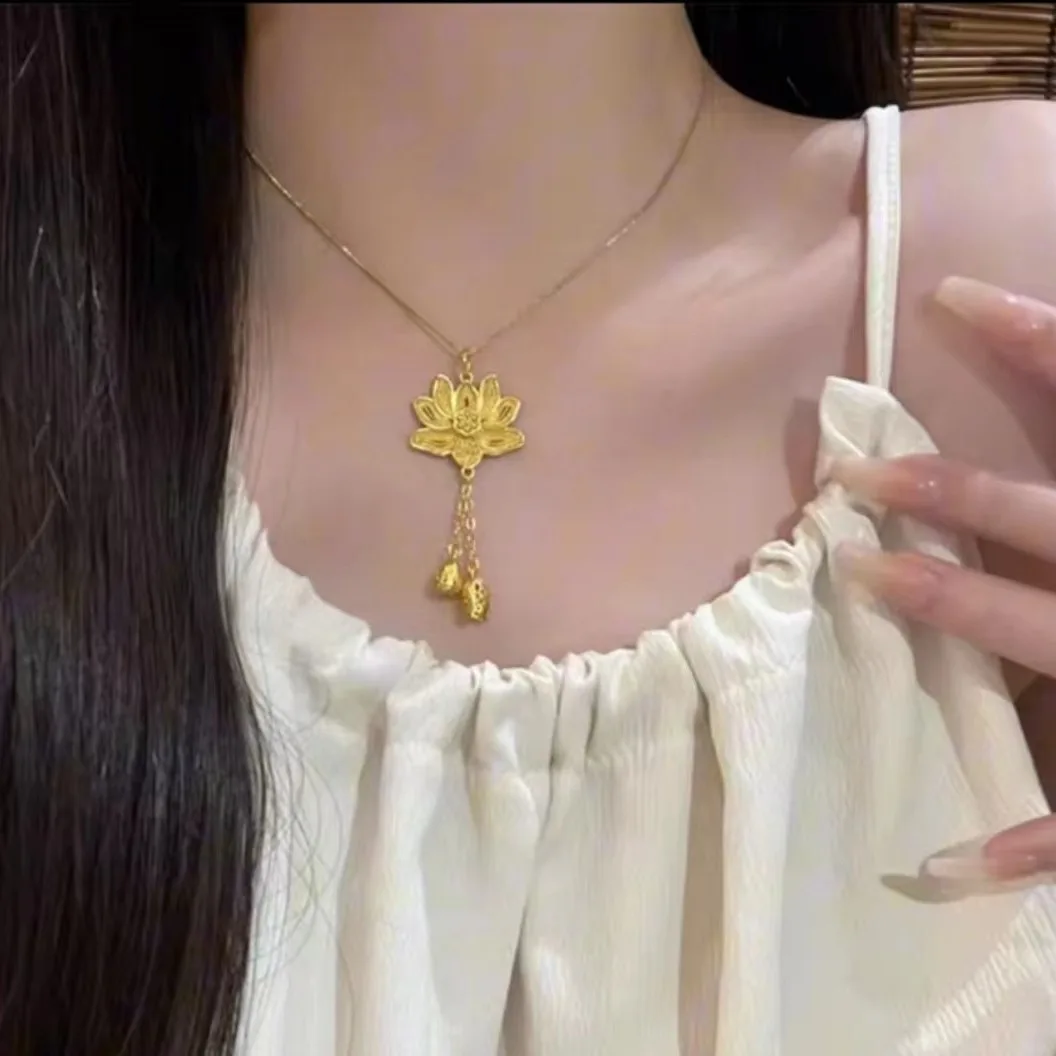 Vintage Lotus flower necklace tassel Chinese style antique gold craftsm pendant sweater chain classical wedding jewelry gift - view 3