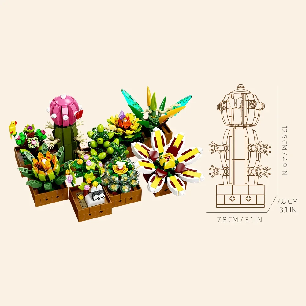 Succulents Set - Gift Idea Flower Building Block Botanical Collection, 9-Pack Tropical Plants Bonsai House Office Décor,913 Pcs