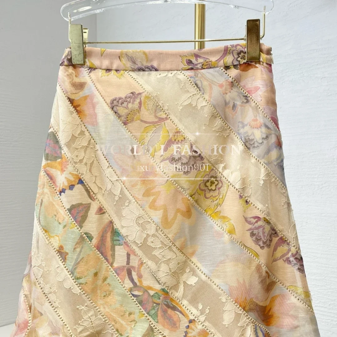 

Floral Print High Quality New Design Lace Patchwork Irregular Hem Pleats High Quality Women Re-tro Midi Skirt