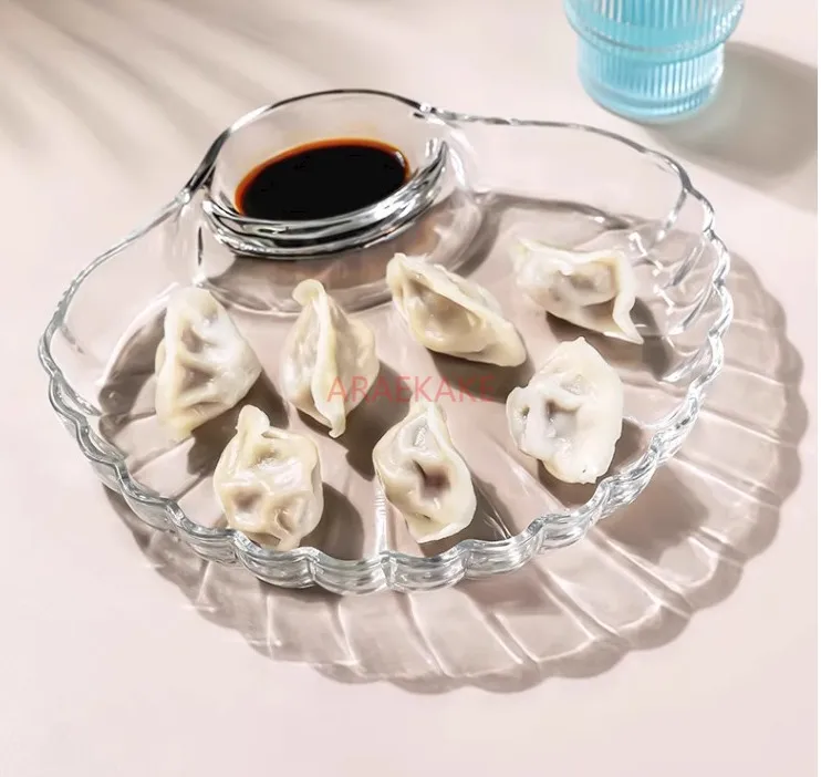 Dumpling plate with vinegar plate, home glass dumpling plate, special grid shell vegetable plate, creative fruit plate