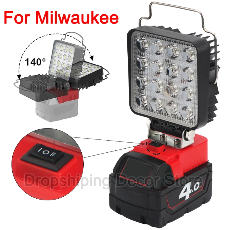 for Milwaukee 18V Li-ion Battery Cordless Car LED Work Light with Hook Portable Flashlight Flood Torch Camping Emergency light