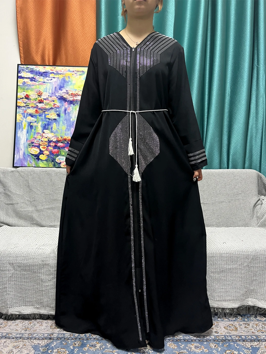 Muslim Ramadan Sets Abayas For Women Diamond Inlaid Solid Color Synthetic Silk Chiffon Loose Fit Femme Robe With Headscarf Belt