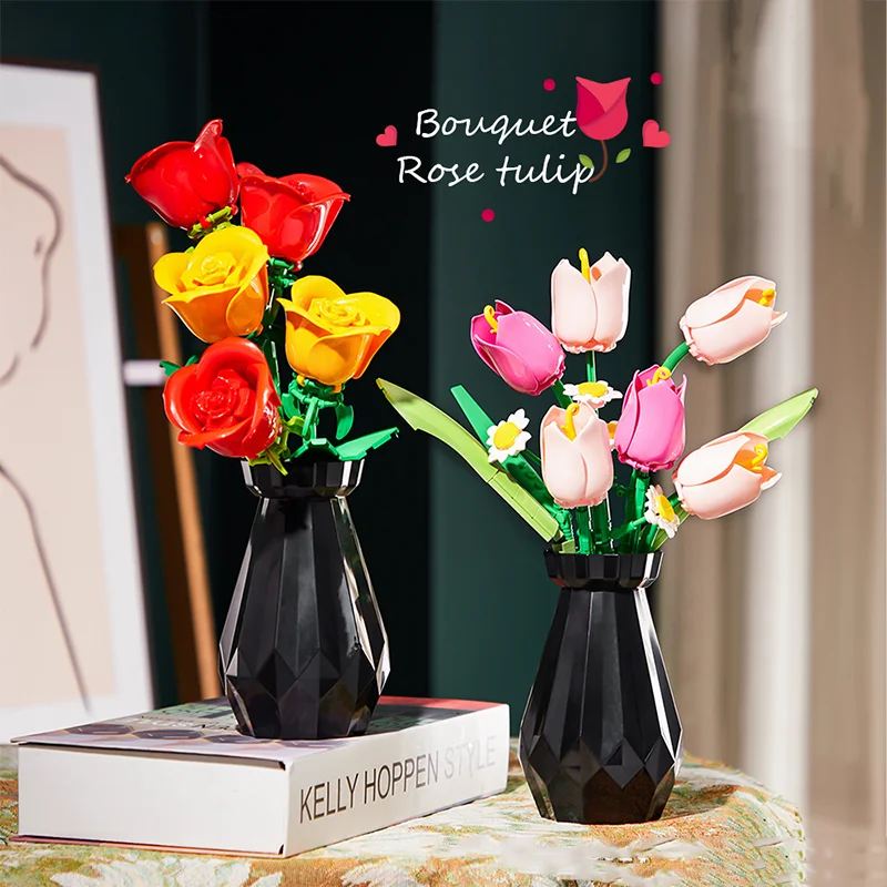 Rosa tulipas flor modelo blocos de construção conjunto 3d buquê tijolos crianças brinquedos diy decoração para casa presente do dia dos namorados adulto para meninas