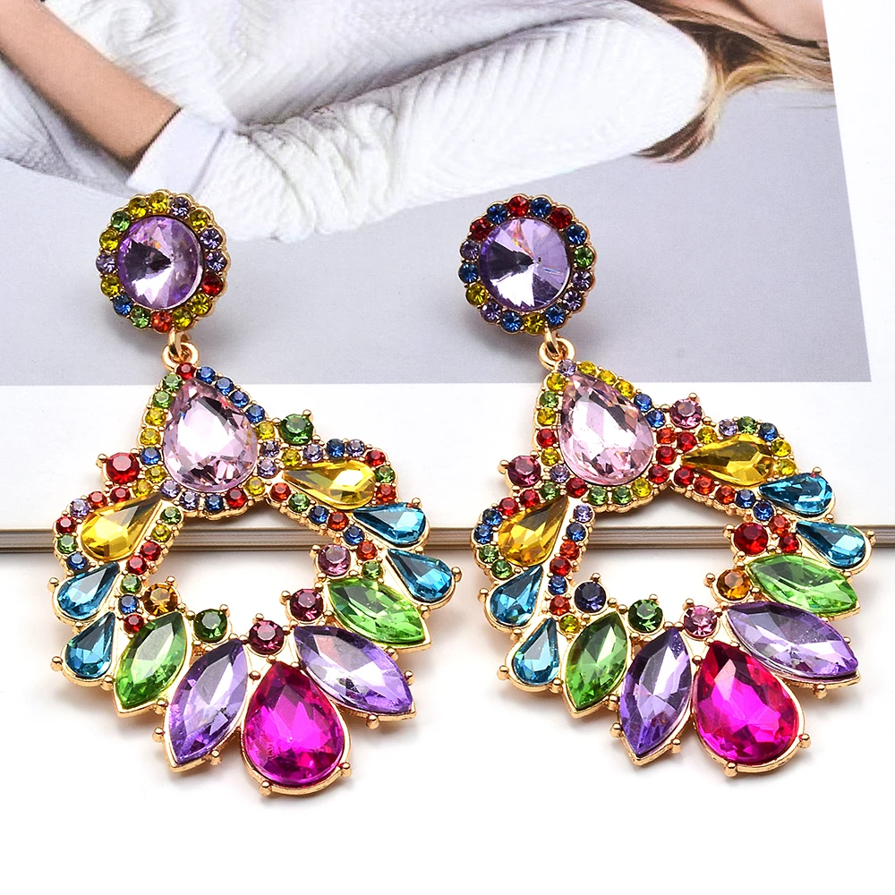 Vintage Shiny Multicolored Rhinestone Earrings For Women Fashion Jewelry Dangle Earrings Girl Party Accessories