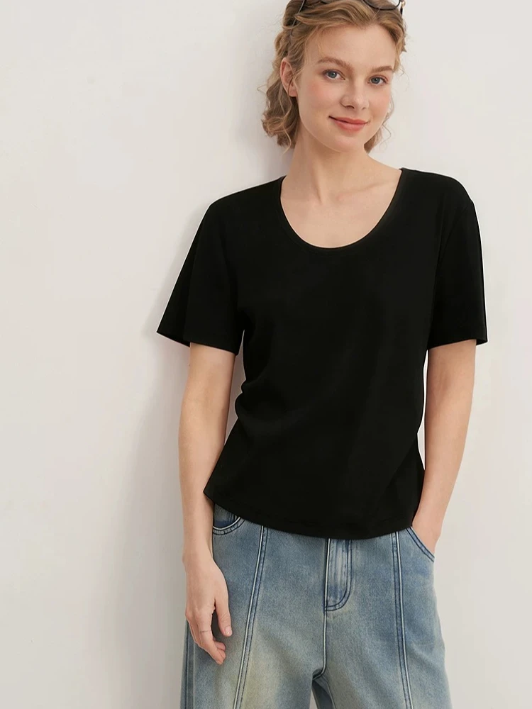 LIEDU Slim Fit Curvy T Shirt Women U Neck Short Sleeve Knit Ruched Waist Solid Color Outfit