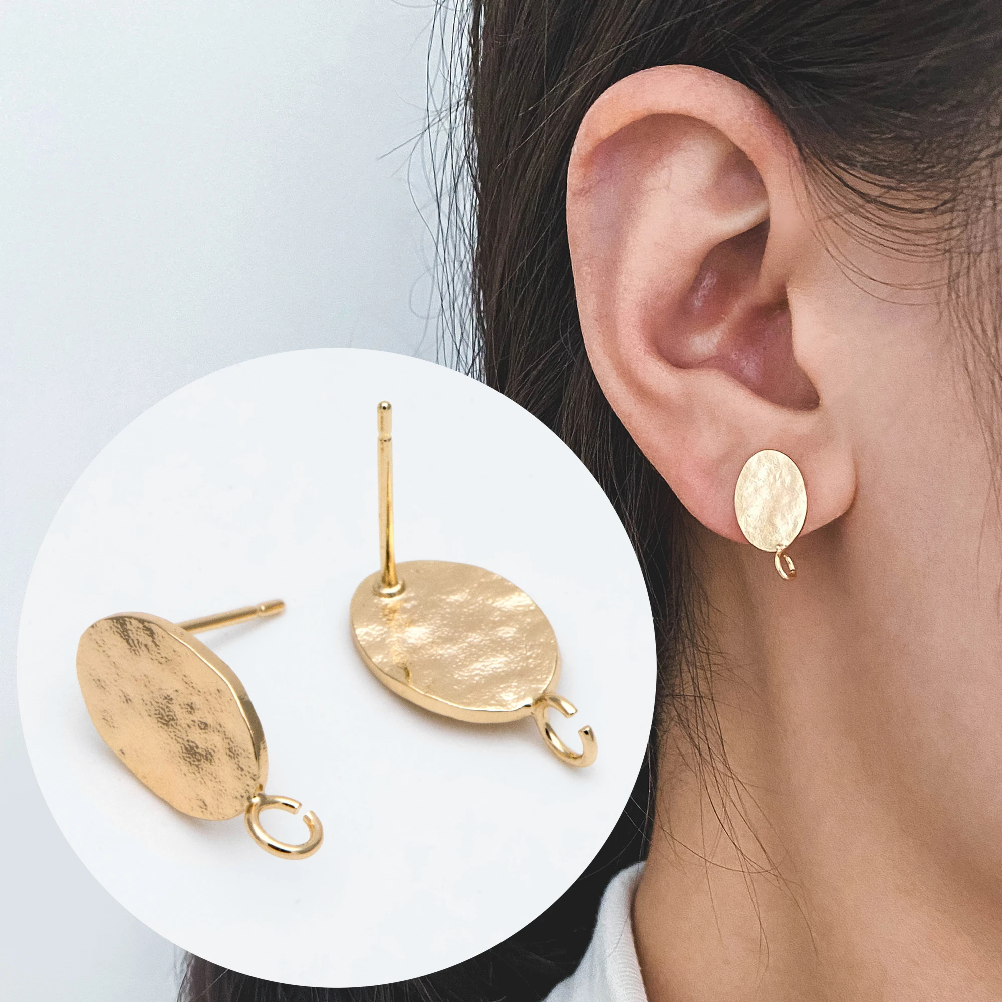 

10pcs Gold Hammered Oval Disc Earring, 16x8mm, Geometric Stud Earring Components (GB-2834)