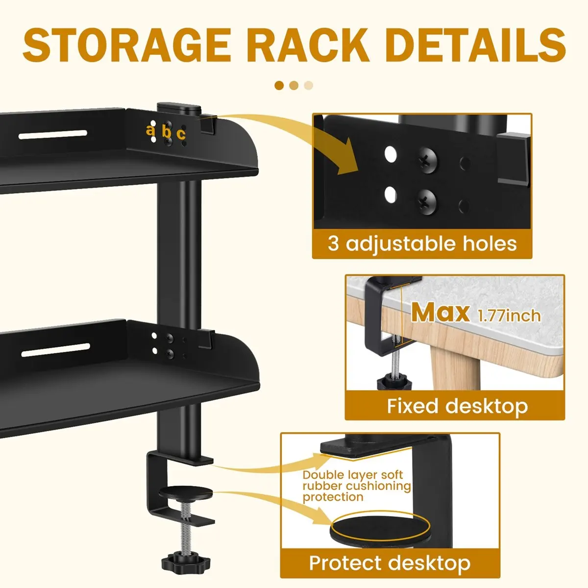 

NEW 2 Tiers Clamp-on Desk Shelf No Drill Desk Organizer Rack Space Saving Adjustable Metal Computer Desktop Clamp