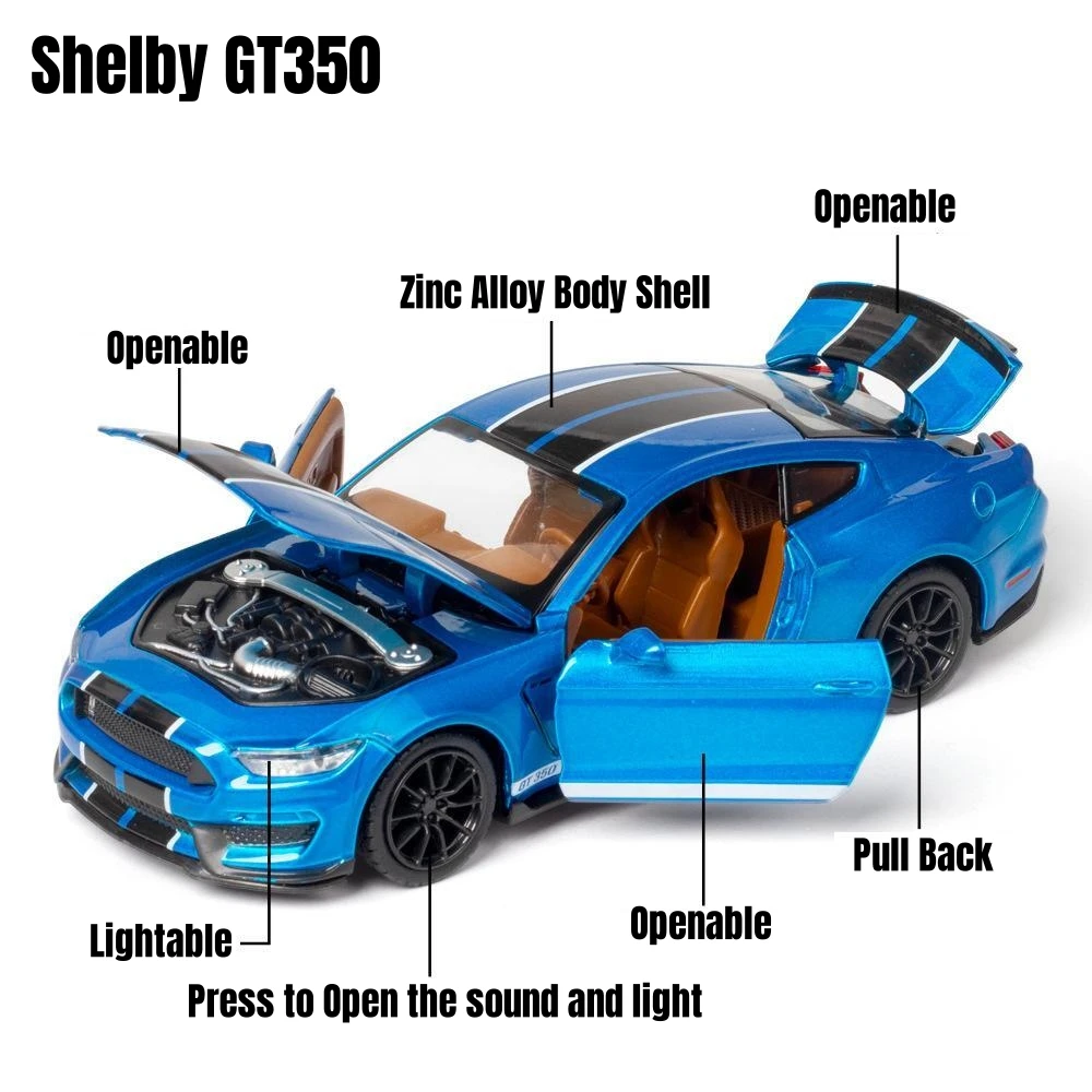 1/32 Ford Shelby GT500 GT350 Toy Car For Children Diecast Metal Miniature Model Pull Back Sound & Light Collection Gift Kid Boys