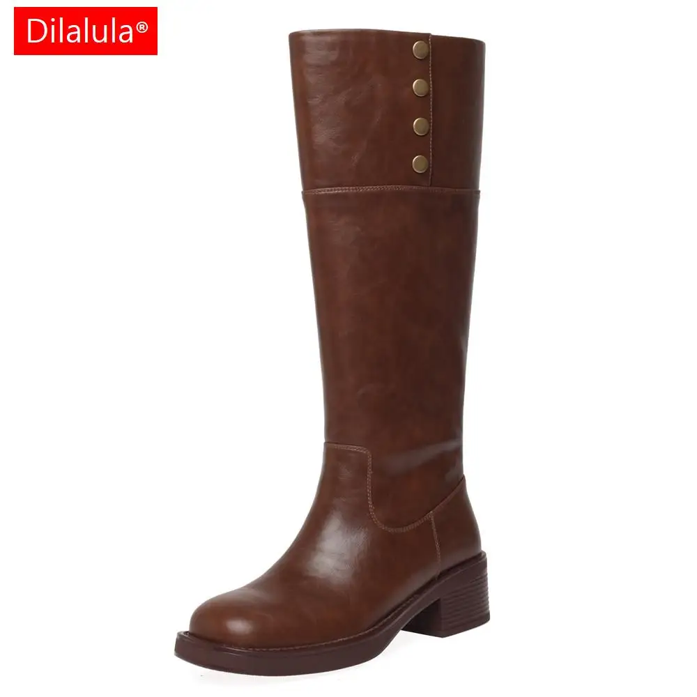 Dilalula Vintage Women Knee-High Boots Genuine Leather Thick Heels Shoes Woman Basic Office Lady Autumn Winter High Boots Retro