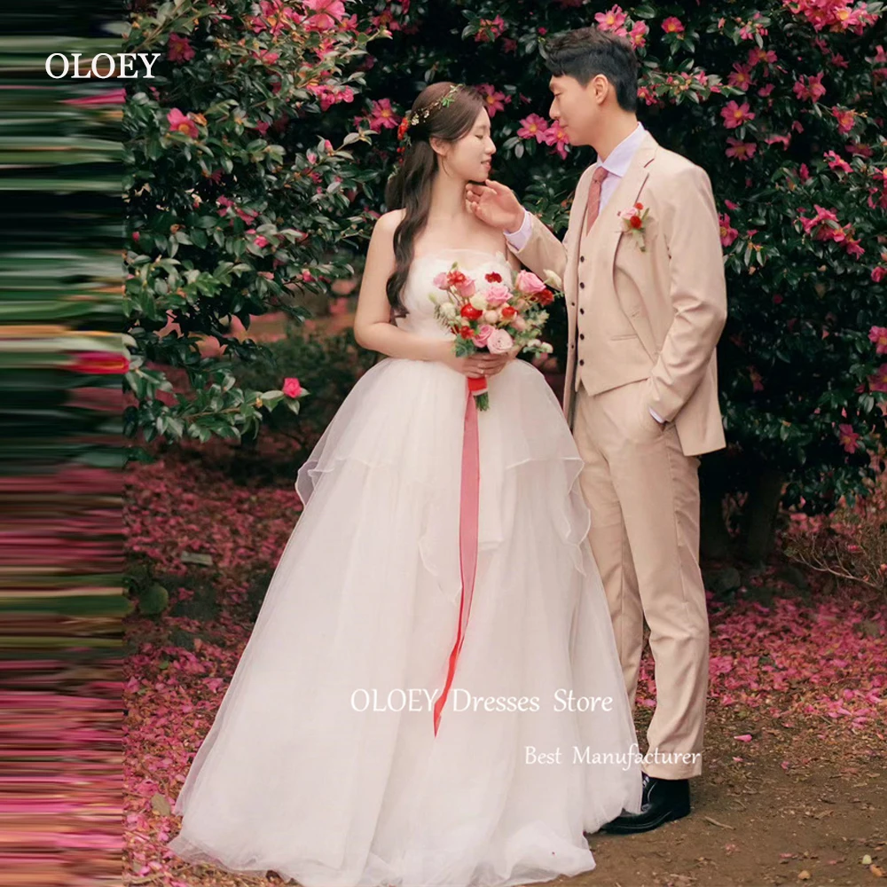 OLOEY Simple A Line Organza Korea Wedding Dresses Photoshoot Strapless Ruffles Floor Length Garden Bridal Gowns