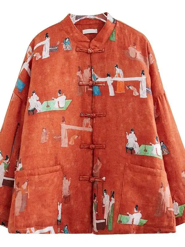 الصينية الوقوف طوق مطبوعة القطن Jaet مزدوجة الصدر زر احتفالي السنة الجديدة الأكل الملابس معطف المرأة