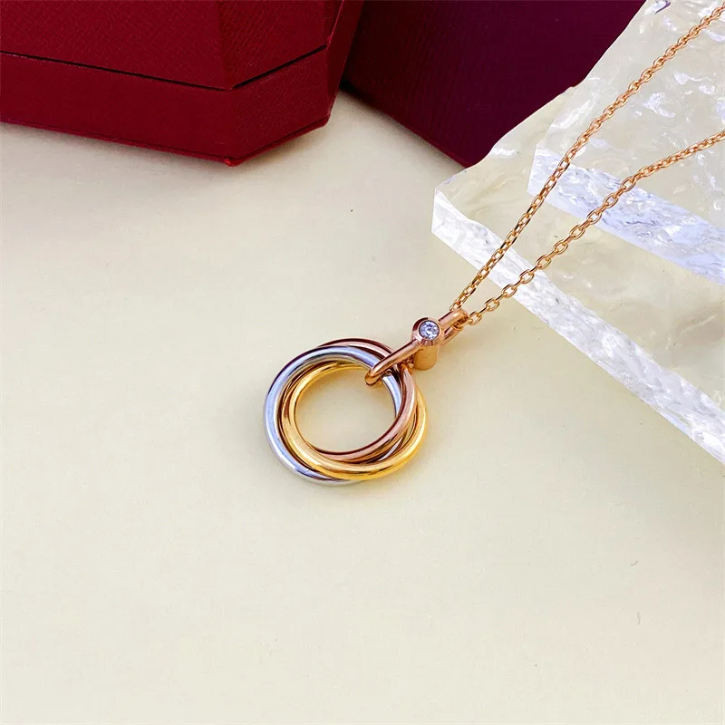 European and American Fashion New Three-Ring Titanium Steel Micro-Inlaid AAA Zircon Luxury Retro Necklace