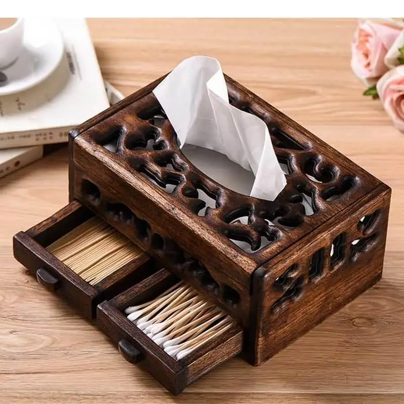 

Solid Wood Multifunction Tissue Box Retro Living Room Coffee Table Desktop Tray Household Hollow Napkin Storage