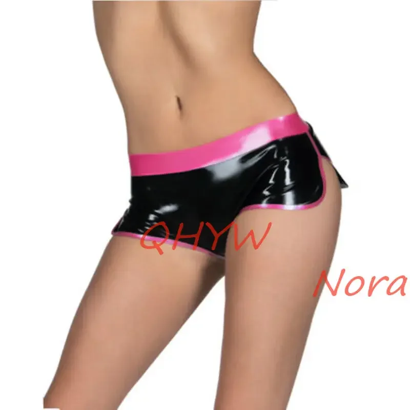 Sexy Women Black with Rose Red Trim Latex Lingerie Shorts Rubber Underwear Panties Briefs