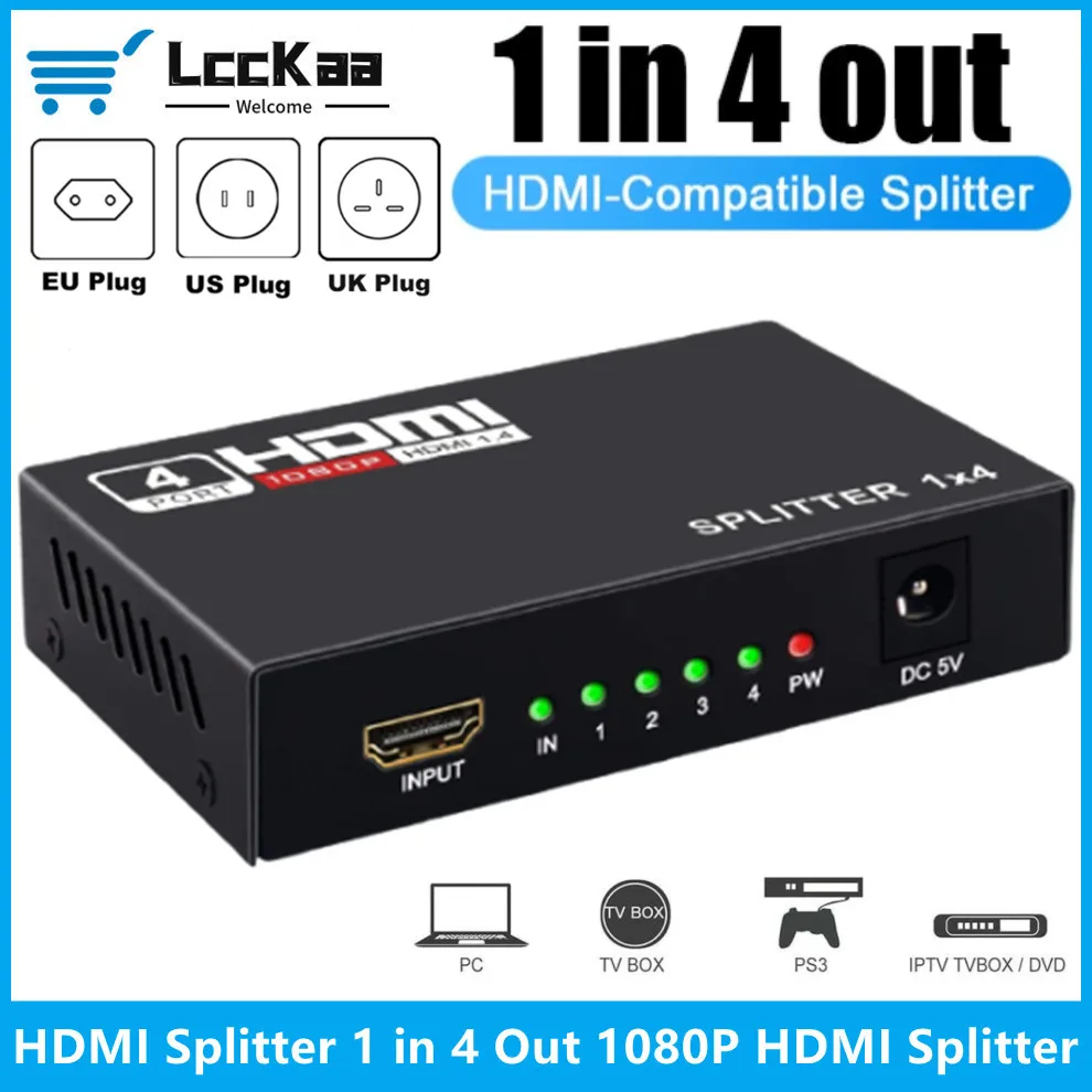 HDMI-compatible Splitter 1 in 4 Out HDMI Adapter 1080P HDMI-compatible Video Splitter Support 3D For HDTV STB DVD PS4 Projector