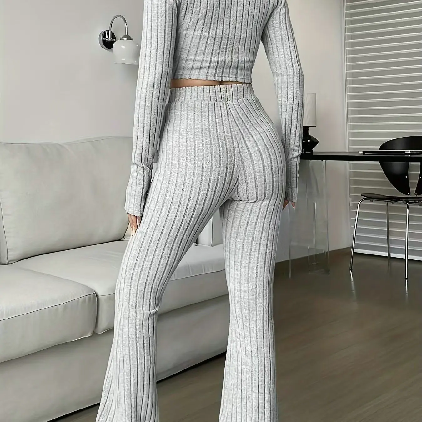 

Fashion solid color ribbed two-piece set, zipper long-sleeved short top and high-waisted flared pants set, women's casual