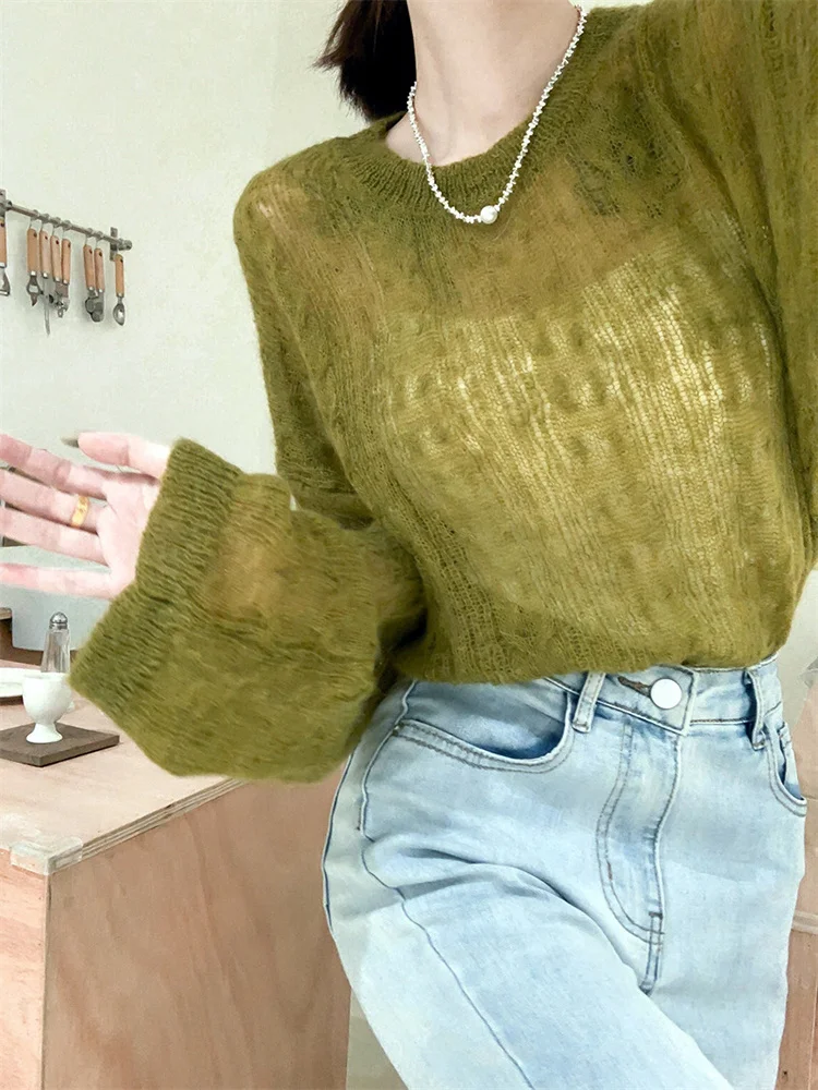 

Perspective Thin Big Size Knitting Sweater Round Neck Long Sleeve Women Pullovers New Fashion Spring M945