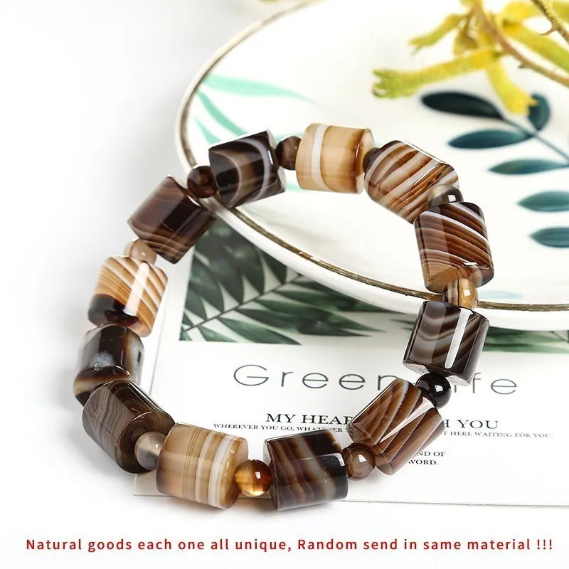 JD Genuine 12mm Natural Coffee Lace Agate Bracelets Men Handmade Tibetan Buddha Hand String Barrel Rosary Prayer Beads Bangles