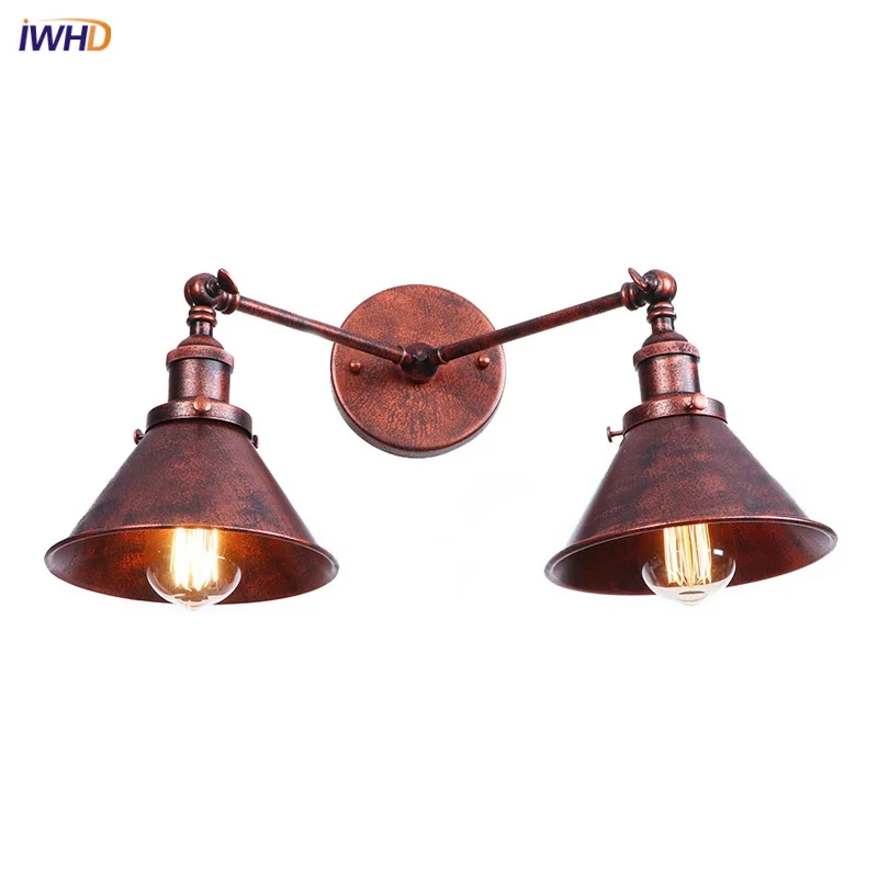 

IWHD 2 Heads Rustic LED Wall Lights Restaurant Kitchen Bedside Lamp Vintage Bathroom Mirror Light Loft Decor Adjustable Lamparas