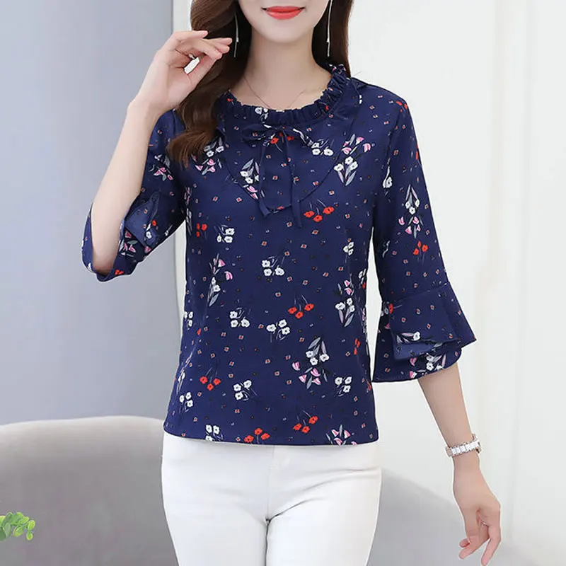 Fashion Broken Flower Printed Blouse Women\'s Clothing Ruffles Spliced Summer New Casual Half Sleeve Commute Drawstring Bow Shirt