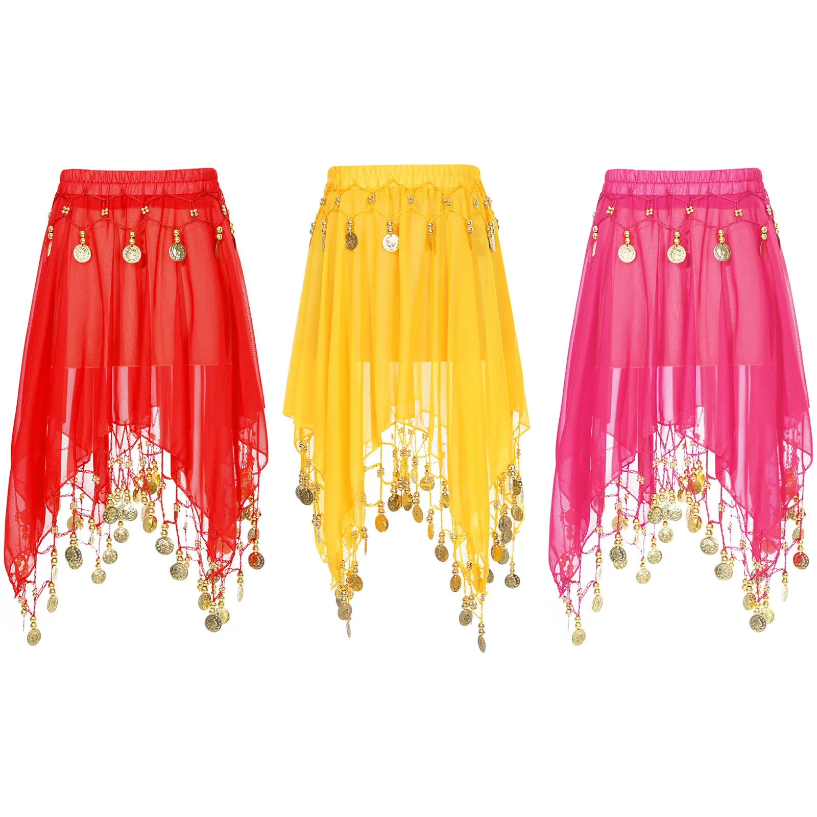 

Kids Girls Belly Dance Skirt Chiffon Beads Sequins Tassel Irregular Hem Skirts Party Stage Performance Indian Dancing Costumes