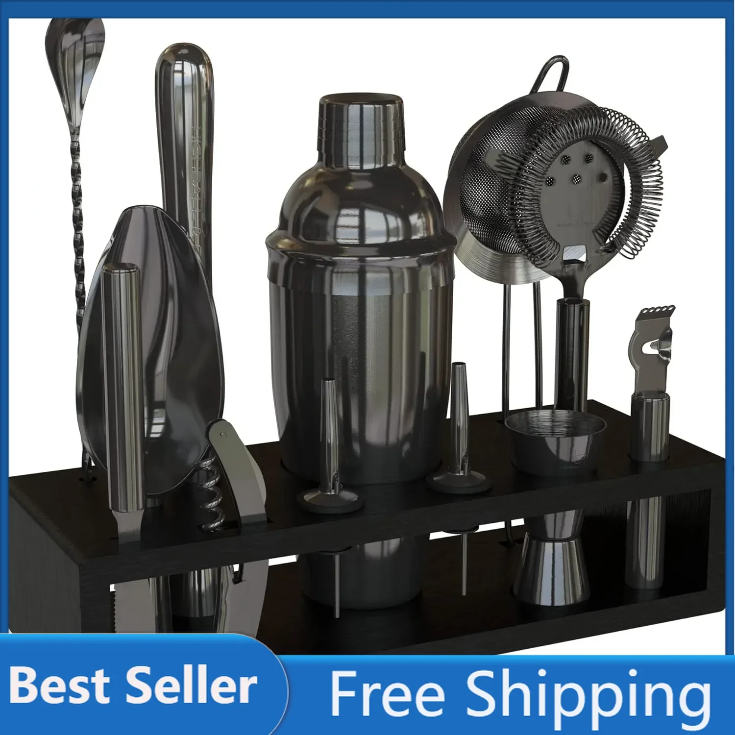 Highball & Chaser 13-Piece Cobbler Cocktail Shaker Set: Black Polished Stainless Steel Bartender Kit For Home Bar Cocktail Set