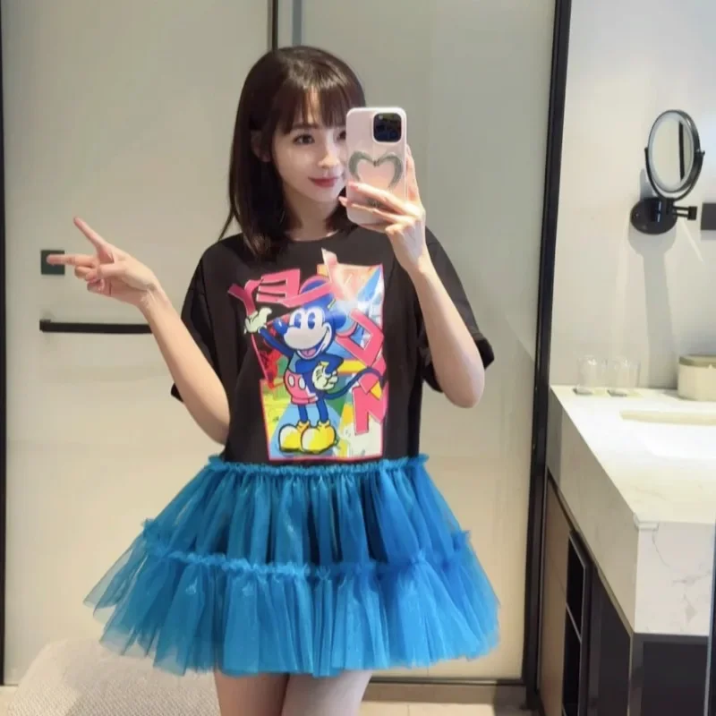 New Fashion Stitching Puff Mesh Cartoon Loose Figure Flattering Blouse Cute Candy Color T-shirt Dress Y2k Accessories