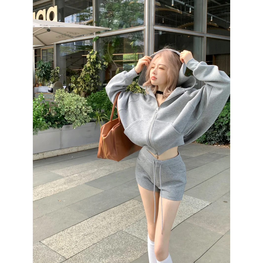 Casual Suit Gray Hooded Sweatshirt Jacket Women\'s Autumn High Waist Straight Leg Pants Short Two-piece Set