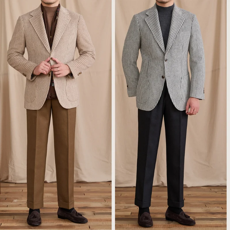 

Men's Retro Herringbone Striped Suit with Single Breasted Jacket for Autumn and Winter Casual Suit