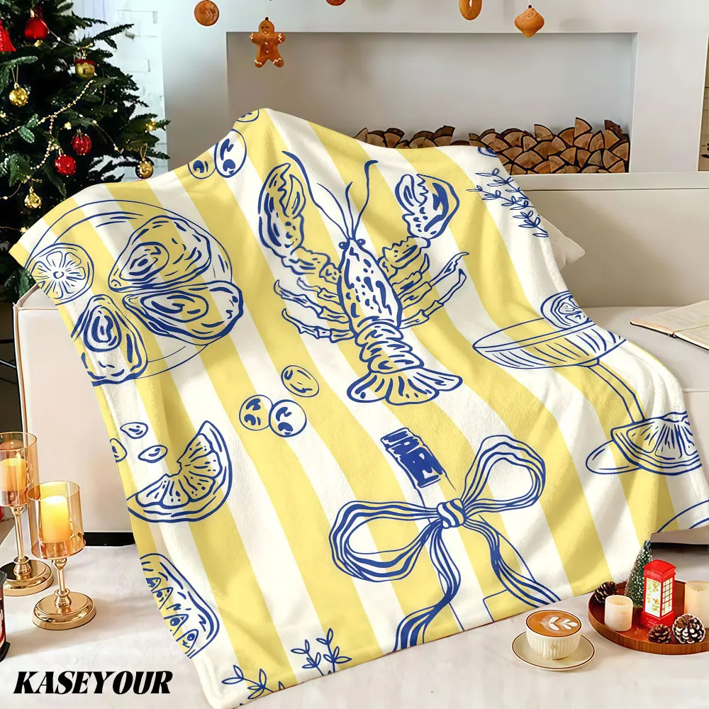 Coastal Seafood Line Art Winter Summer Flannel Blanket Throw Fleece Soft Fuzzy Plush Cozy Fleece Blankets for Sofa Ideal Gifts