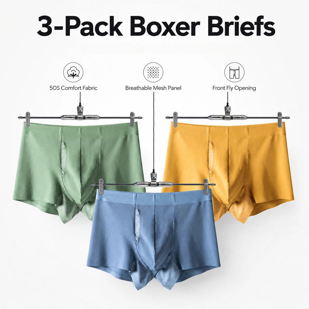 3-Pack Men's Boxer Briefs Cotton Super Stretch Trunks Breathable Antibacterial Crotch Soft Slim Fit Mid-Rise Underwear Seamless