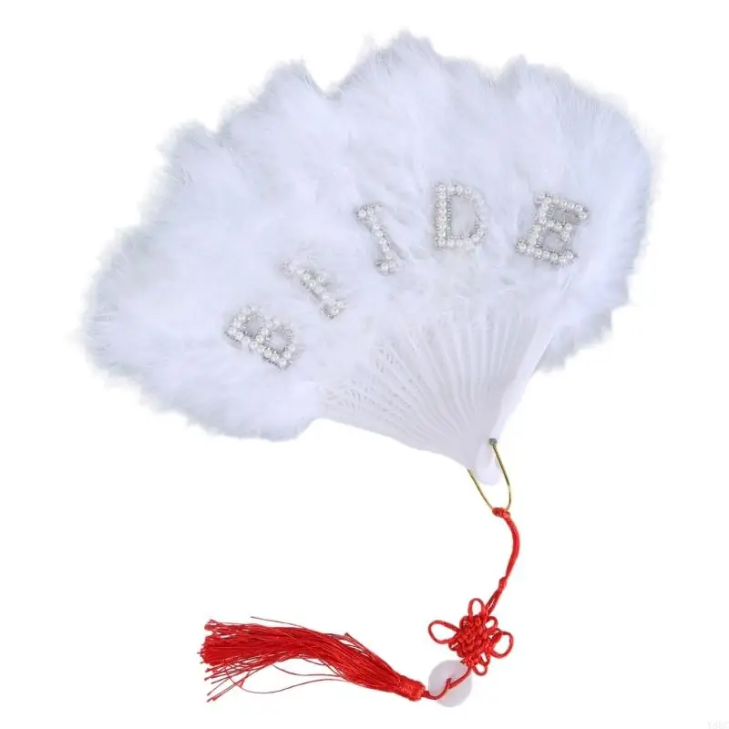 Hermoso abanico hecho a mano Y88C, abanico plumas para boda, elegante abanico mano nupcial con pluma