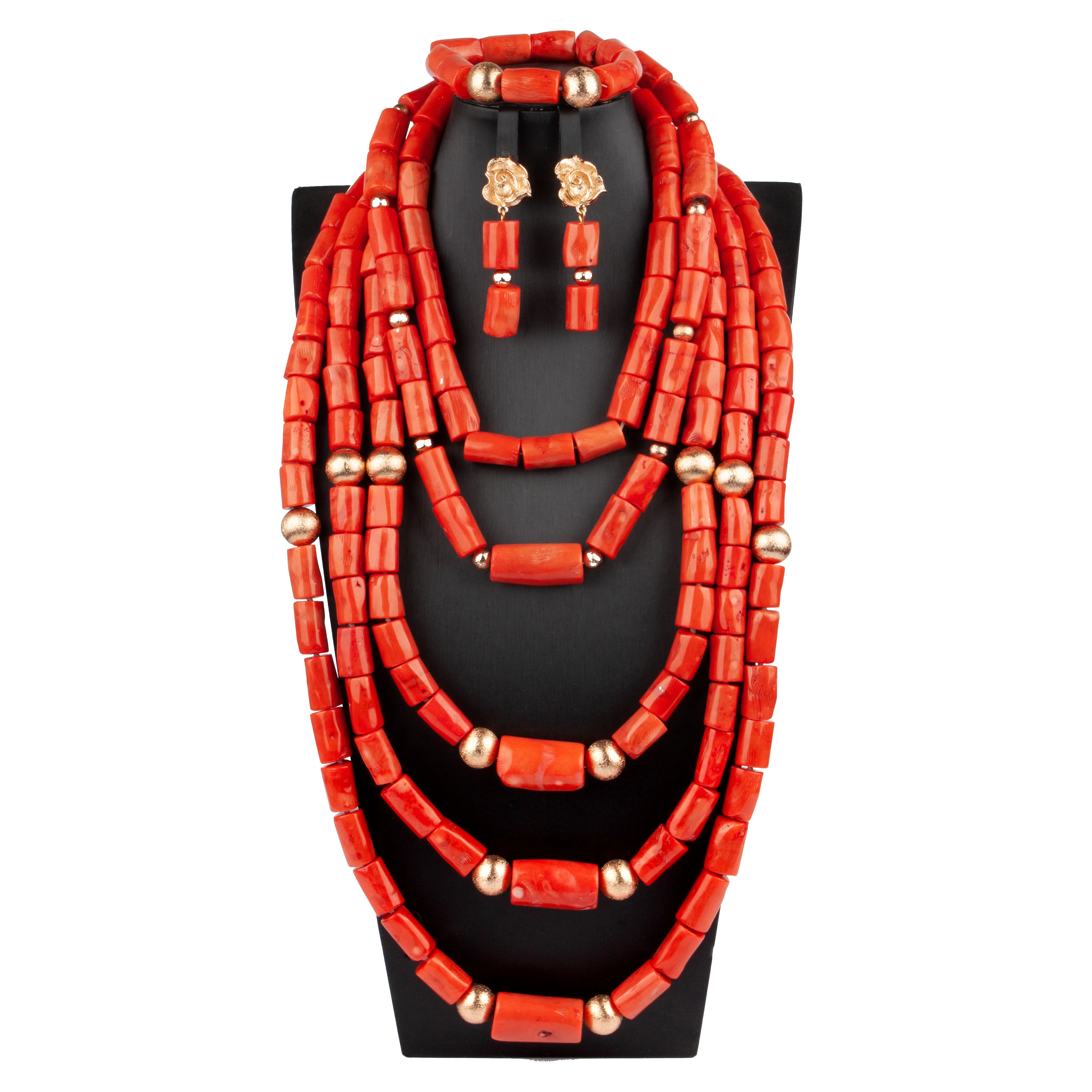 Luxury Dubai Gold Bridal Jewelry Set Natural Real Coral African Beads Wedding Five Layers Jewelry Set ABS173