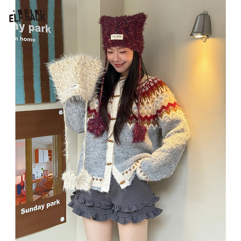 

ELFSACK Симпатичная вязаная шапка из мохера с кошачьими ушками и звездами для женщин