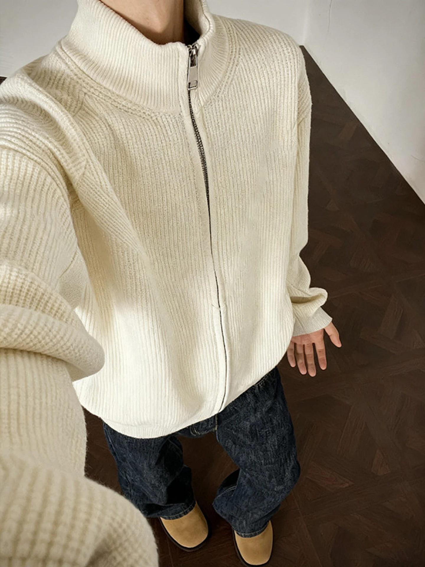 

Double Zipper Stand Collar Cardigan Knitted Sweater Men's Sle Autumn Winter American Retro High End Feeling Innerwear Outer...