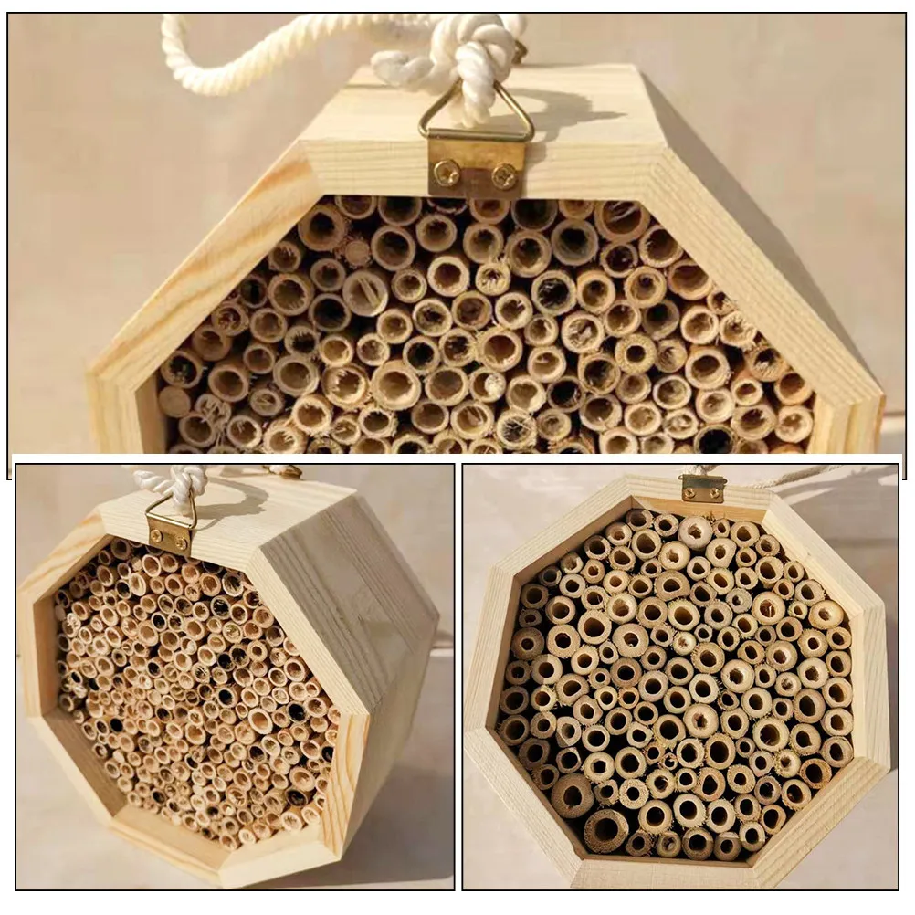 Beehive Wooden Octagonal Hanging Bee Outdoor Natural Pine Reed Pollinator Nest Garden Supplies Bee Houses for The Garden