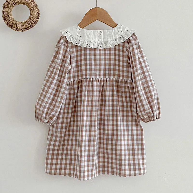 Spring Autumn Kids Baby Girls Long Sleeve Sweet Doll Collar Plaid Princess Dress Kids Baby Girls Dress Children Clothes Dress